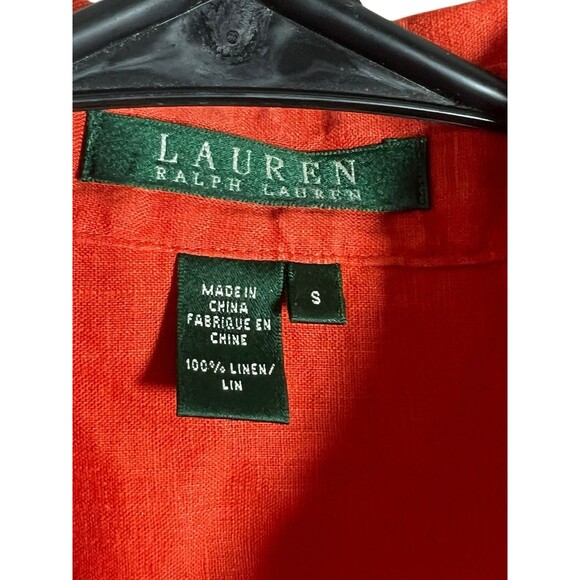 Lauren Ralph Lauren Women Linen Puff-Sleeve Blouse Sz Small Sunset Orange Casual - Picture 4 of 8